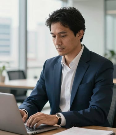 A professional South American / Brazilian consultant in business attire, working in a sunlit, modern office in São Paulo. The scene is shot with a shallow depth of field, focusing on the professional's confident expression. The palette includes navy blue and off-white tones, reflecting an atmosphere of expertise and trust.
