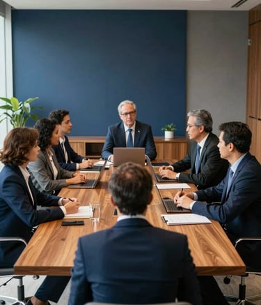 A group of Brazilian business professionals collaborating around a large wooden table in a high-end meeting room. The lighting is natural and bright, highlighting a professional environment. The decor features accents of dark blue and blue-gray, symbolizing a modern and organized management style.