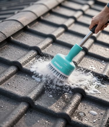A close-up, high-angle shot of a meticulously clean roof with modern dark tiles. Soft washing foam is gently being applied by a professional, highlighting detail and care. The lighting is bright and clear, incorporating the brand colors #3D6D8A and #A3BCCF in the equipment and reflections. The style is crisp and professional.