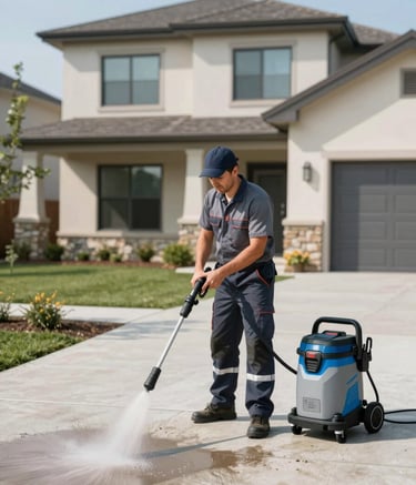 A wide shot of a professional technician in a clean uniform using high-end pressure washing equipment on a modern home's driveway. The scene is bright and sunny, showing a transformative 'clean line' where the dirt is being removed. The aesthetic is modern and trustworthy, featuring #1A2A3A and #3D6D8A tones.