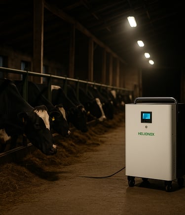 Helionox HX5000 5kW 5kWh portable power station providing backup energy in a cow shed on a farm