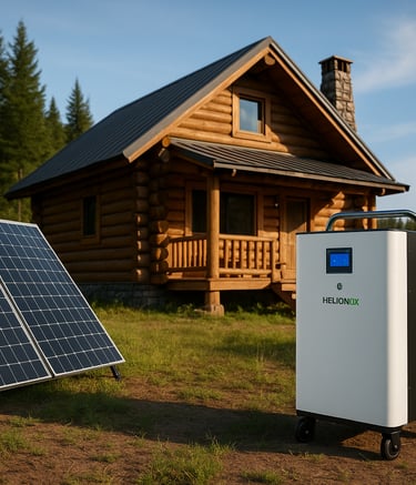 solar power station charging next to an off-grid cabin at dusk, delivering 5kW of backup energy