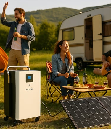 portable 5kW power station powering lights and music at a campsite, showing clean outdoor energy