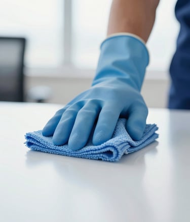 A close-up shot of a professional cleaner's hand in a blue glove using a high-quality microfiber cloth to polish a bright, reflective office surface. The lighting is crisp and natural, highlighting a dust-free environment. The color palette incorporates deep navy #1A2C3C and soft blues #A7BFCF, reflecting a pristine and professional mood.