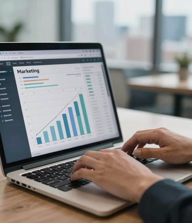 Close-up photography of a professional's hands working on a sleek laptop showing a digital marketing dashboard with growth metrics. The setting is a premium North American office with a soft-focus background of a city skyline. Lighting is clean and professional.