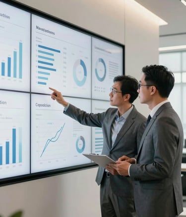 A high-resolution photograph of two business professionals in a North American corporate setting reviewing marketing analytics on a large wall-mounted screen. The composition is modern and focuses on data-driven decision making, utilizing a palette of grey and off-white.