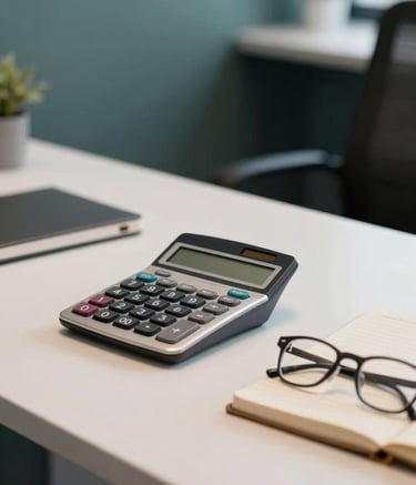 A professional desk in a modern South American / Brazilian office featuring a calculator, a notebook, and a pair of glasses on a soft off-white surface, with muted teal and dark slate blue accents in the background.