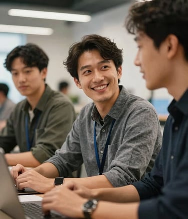Close-up photography of a collaborative group session in a North American innovation hub. People are engaged in friendly conversation around a shared workstation. The lighting is bright and warm, emphasizing an approachable and welcoming tech atmosphere.