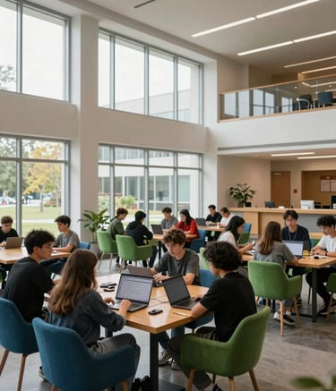 Wide-angle photography of a bright, contemporary North American academic hall. Students are gathered around communal wooden tables with laptops. Large windows let in soft daylight, highlighting sky blue and emerald green furniture accents.