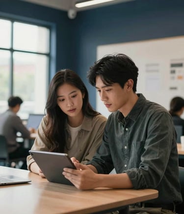 Photography of two young professionals collaborating in a sleek North American coworking space. They are looking at a digital tablet together. The room is airy and modern with midnight navy accents and soft natural light from large windows.