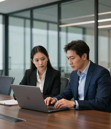 Two professional colleagues in a focused discussion over a laptop in a modern conference room with glass walls. North American / US corporate setting, high-end furniture, with deep navy blue accents and sharp professional focus.