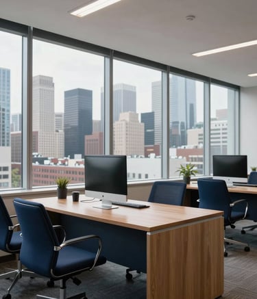 A wide shot of a bright, modern corporate office in a North American city. Large windows show a skyline, with a clean wooden desk and a desktop computer. Soft natural lighting and deep navy blue color scheme.