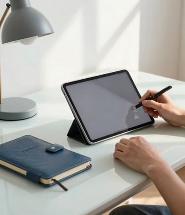 A professional working on a tablet in a sunlit, clean home office in the North American / US. A leather-bound notebook and a designer lamp sit on a desk with pale blue gray accents, conveying clarity and modernity.