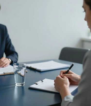 A close-up of a professional business consultation taking place in a minimalist office in Madrid. A sleek dark blue table, glass of water, and clean stationery. The lighting is soft and natural, emphasizing a modern corporate atmosphere with light grey-blue tones.