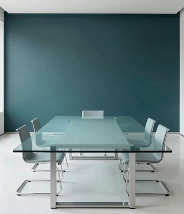 A wide-angle shot of a minimalist, modern boardroom with a large glass table. The lighting is bright and professional, highlighting a palette of deep charcoal teal and pale aqua white. No people are visible, emphasizing a clean and high-tech corporate environment.
