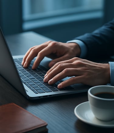 A close-up photograph of a professional consultant's hands typing on a sleek, metallic laptop. The scene is illuminated by soft, cool blue morning light, with a cup of coffee and a leather notebook nearby, reflecting a mood of modern efficiency.