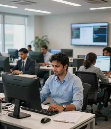 A wide photography shot of a professional South Asian workspace where moderators are working diligently. The office design is contemporary and airy, using a palette of muted blues and off-whites to create a trustworthy atmosphere.