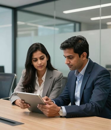A medium shot of two South Asian professionals in a modern conference room in India, collaborating over a tablet. The background features clean glass walls and office furniture in steel blue and muted blue tones, with professional, soft lighting.