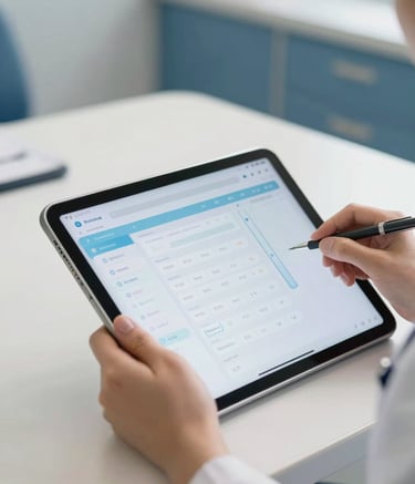 A close-up photograph of a professional healthcare provider's hands using a modern, sleek digital tablet in a bright North American clinic. The tablet displays a clean, user-friendly medical dashboard with light blue accents, set against a background of a professional workspace in off-white and medium blue tones.