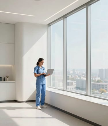 A wide-angle professional photograph of a modern, minimalist North American medical office interior. A medical professional in professional attire is standing by a large window, using a slim laptop. The lighting is bright and airy, with a color palette of soft off-white and light blue.