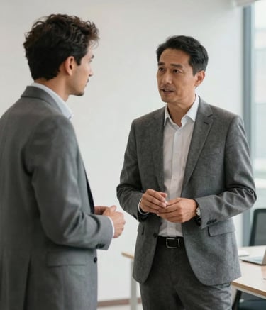 A medium shot of two professional colleagues in business attire discussing strategy in a bright, modern North African office. The background is minimalistic with slate gray and off-white tones. The composition is clean and trustworthy, conveying professional collaboration.