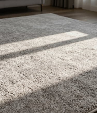 Close-up of a high-quality textured carpet in a modern Virginia home, showing perfect cleanliness and soft afternoon shadows. Minimalist composition, sharp detail, photography focused on texture and purity.