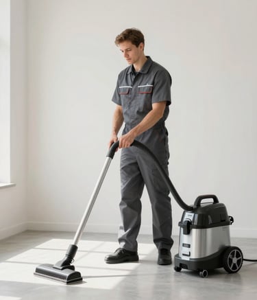 A professional cleaning technician in a dark gray uniform using a modern steam carpet cleaner in a bright, minimalist Virginia office. Natural light, clean lines, professional photography with off-white and light gray tones.