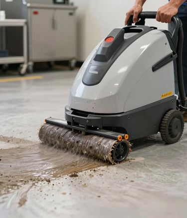 Action shot of a industrial carpet cleaner removing stains from a commercial floor in Northern Virginia. Professional lighting, dynamic but clean composition, highlighting efficiency and high-tech equipment.