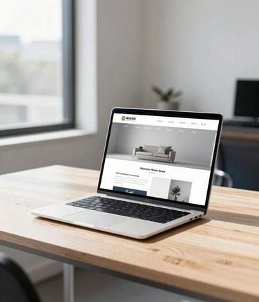 A clean, modern workspace in an Australian office with a laptop on a light timber desk showing a minimalist website layout. The room is filled with bright, natural sunlight, featuring subtle steel blue and white accents in the decor.