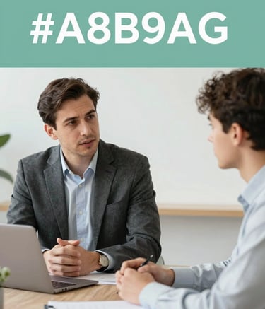 An image showing a professional mentorship setting. A mentor and a young adult are engaged in a meaningful conversation over a shared workspace. The aesthetic is sophisticated and purposeful, utilizing the brand palette of #A8B9A6 and #F1F5EF. The lighting is bright and focused.
