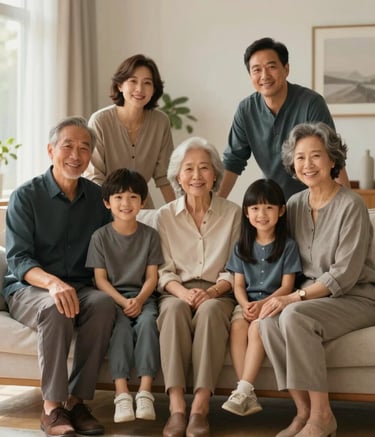 A professional and warm photograph of a multi-generational family sitting together in a sunlit living room. The lighting is soft and natural, emphasizing quiet strength and trust. The subjects wear high-quality fabrics in colors like #3A4033 and #6B7F67. The atmosphere is nurturing and sophisticated.