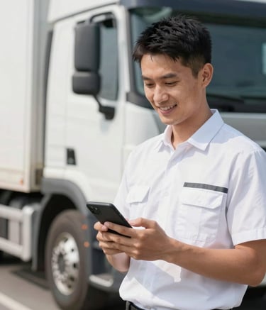 A professional truck driver in a clean, modern uniform holding a smartphone. In the background, a blurred modern white truck. Bright, natural lighting, high-quality photography, conveying trust and technology.