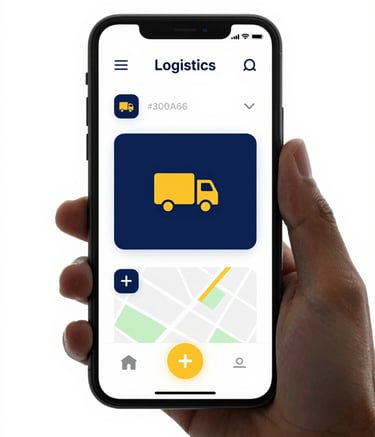 A modern, minimalist graphic of a smartphone showing a logistics app with a map and truck icons. The interface is clean, featuring #300A60 and #FF8E00 accents. High-tech, professional aesthetic on a white background.