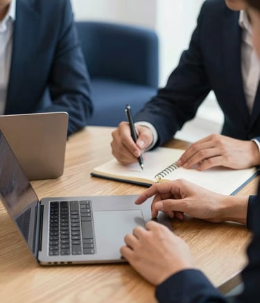 A close-up photograph of a professional collaborative meeting in a bright, modern British workspace. A high-end laptop is open on a light oak table next to a notebook. Hands of consultants are visible gesturing over a digital tablet. The setting features soft white walls and navy blue furniture accents.