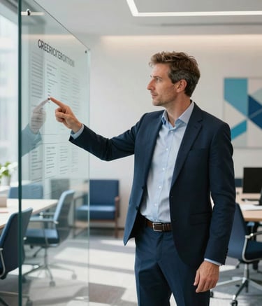Photography of a professional European tech consultant pointing at a glass strategy board in a bright, modern London office. The room is filled with soft natural light, featuring navy blue and sky blue office decor in a sophisticated setting.