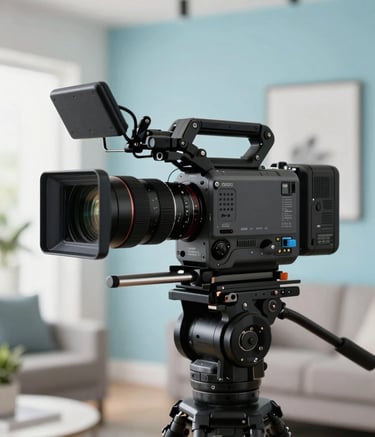 A close-up photography of a professional high-end cinema camera on a tripod, filming a sleek commercial real estate interior in the United States, with soft natural lighting and light blue accent colors.