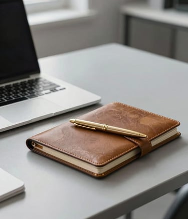 A professional desk setup featuring a silver laptop, a leather-bound planner, and a muted gold pen. The background is a clean, minimalist office with soft grey tones and natural light, suggesting an atmosphere of organized trust.