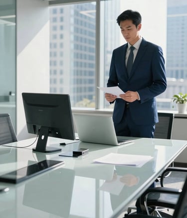 A high-end, modern office setting in a North American corporate district. The scene shows a sleek glass conference table and high-tech communication equipment, bathed in bright natural light, emphasizing professional authority and a high-end B2B sales environment. The palette uses white, steel blue, and dark blue tones.