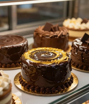 Gourmet South American confectionery display featuring sophisticated cakes with dark chocolate ganache and golden highlights, set against a blurred bakery background.