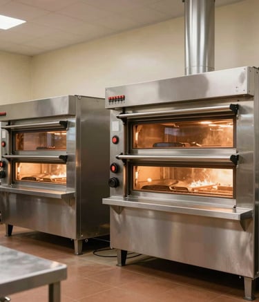 A professional and modern bakery production facility in South America with clean steel surfaces, warm cream-colored walls, and large industrial ovens, glowing with soft warm light.
