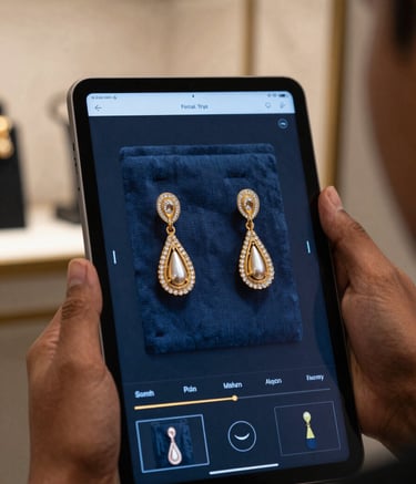 A high-end fashion setting in a modern South Asian interior with a professional tablet displaying a virtual try-on interface for luxury earrings. Soft, sophisticated lighting highlights gold and dark blue accents, reflecting a premium digital experience.