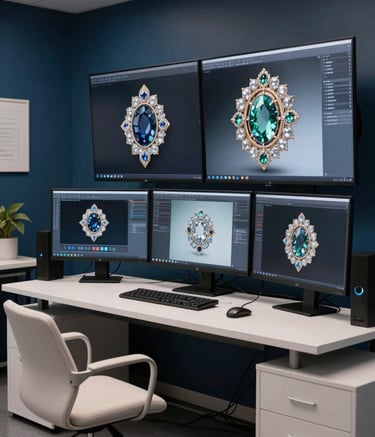 Cinematic photography of a digital creative studio where high-end CGI jewellery renders are visible on large, sleek monitors. The environment is sophisticated with dark blue walls and off-white furniture, set in a South Asian urban tech hub.