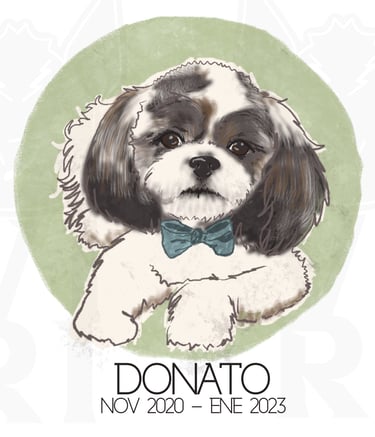 Digital memorial illustration of a black and white Shih Tzu dog wearing a teal bow tie.