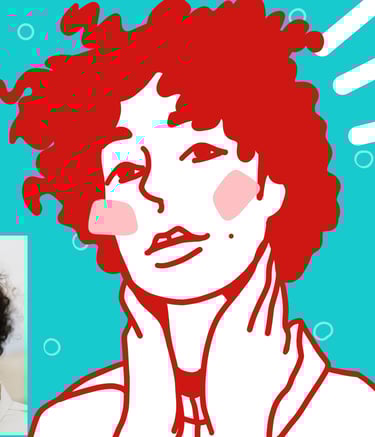 Digital illustration side-by-side with a photo of a woman with curly hair on a blue background.