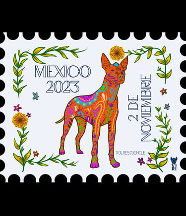 A Mexican postage stamp featuring a colorful alebrije style Xoloitzcuintli dog for Dia de los Muertos.