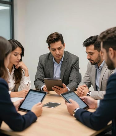 A professional portrait of two executives in a modern North American dealership boardroom, engaged in a collaborative discussion over a tablet. The lighting is soft and natural, emphasizing a premium corporate atmosphere with subtle blue and dark gray tones.