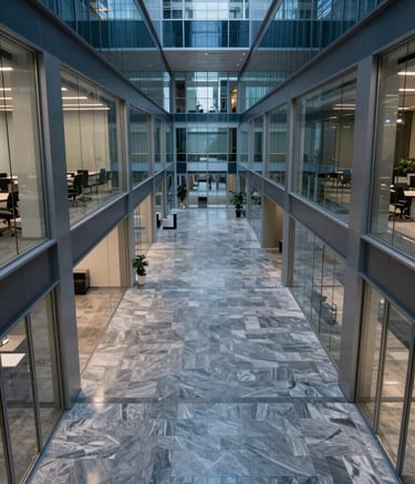 A high-angle, wide-angle photograph of a modern, high-tech corporate office interior in a North American city. The space is minimalist with glass walls, polished stone floors, and sophisticated blue and gray ambient lighting. No people are present, focusing on the architecture and high-end enterprise environment.