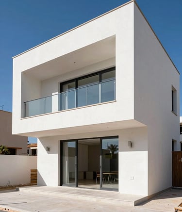 A high-end residential renovation project in Castellon, Spain. The photograph shows a modern villa under the bright Mediterranean sun, highlighting expert masonry and a pristine white exterior finish. Professional architectural photography style with deep blue sky.