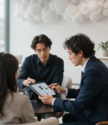 A collaborative meeting environment where two professionals are reviewing digital designs on a tablet. The setting is a contemporary office with Soft Cloud White decor and Deep Midnight Navy furniture.