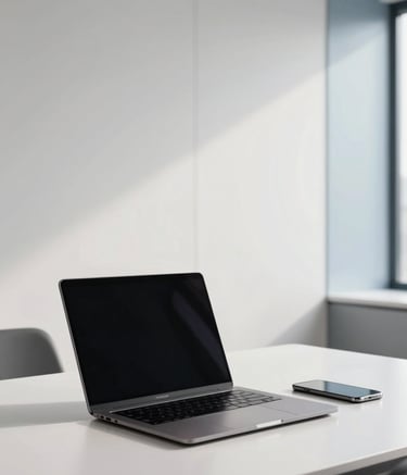 A high-end, modern workspace with a sleek laptop and a smartphone on a clean desk. The background features a minimalist office wall in Soft Cloud White with subtle Steel Blue accents. Lighting is professional and bright.